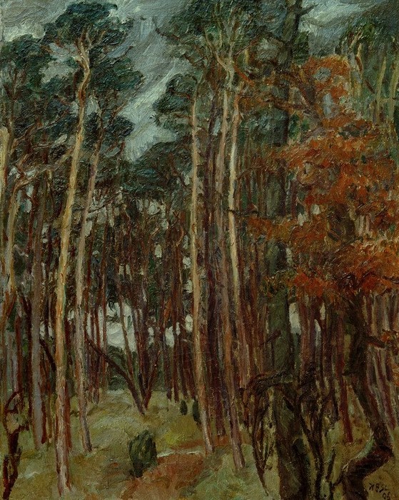 Max Beckmann, Hermsdorfer Wald am grauen Tag (Wald, Bäume, Natur, Expressionismus, Klassische Moderne, Malerei, Wohnzimmer, Treppenhaus, Wunschgröße, bunt)