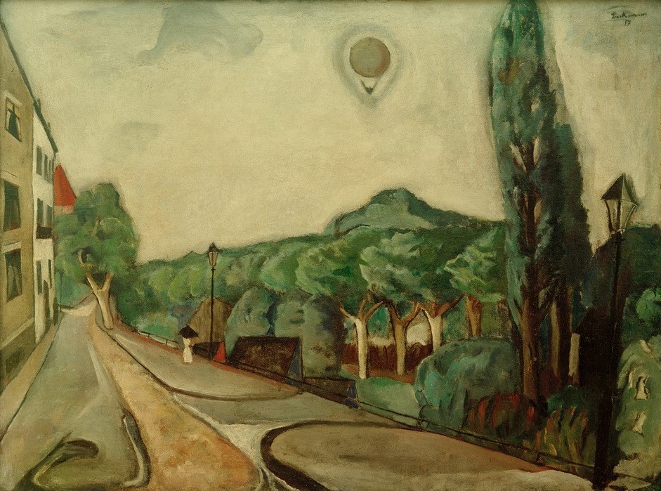 Max Beckmann, Landschaft mit Luftballon (Landschaft, Straße, Bäume, Gebäude, Heißluftballon, Expressionismus, Klassische Moderne, Malerei, Wohnzimmer, Treppenhaus, Wunschgröße, bunt)