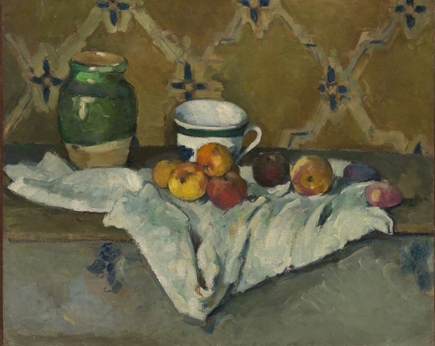 Paul Cézanne, Stillleben mit Glas, Tasse und Äpfel (Apfel,Glas,Tapete,Stillleben,Tuch,Tasse)