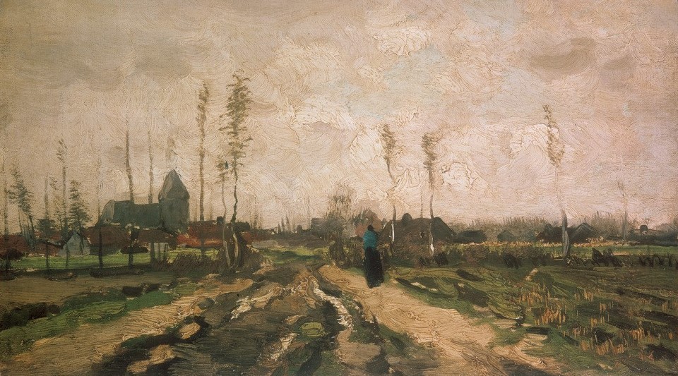 Vincent van Gogh, Landschaft mit Kirche und Häusern (April,Dorf,Landschaft,Monat,Impressionismus,Niederländische Kunst,Trostlosigkeit)