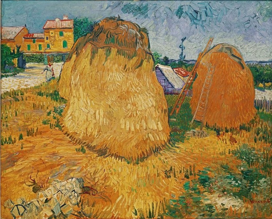 Vincent van Gogh, Heuschober in der Provence (Ernte,Jahreszeiten,Landschaft,Sommer,Impressionismus,Heu,Leiter,Niederländische Kunst,Dreschen,Heuschober,Landwirtschaft)