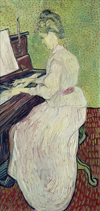 Vincent van Gogh, Marguerite Gachet am Klavier (Damenmode,Frau,Hausmusik,Kunst,Mode,Musik,Pianistin,Tapete,Tasteninstrument,Impressionismus,Instrument,Portrait,Klavier,Bürgertum,Niederländische Kunst,Holländische Kunst,Kleid,Frauenleben,Profil,Klavierspiel,Ganzfigurig,Gepunktet,Postimpressionismus)