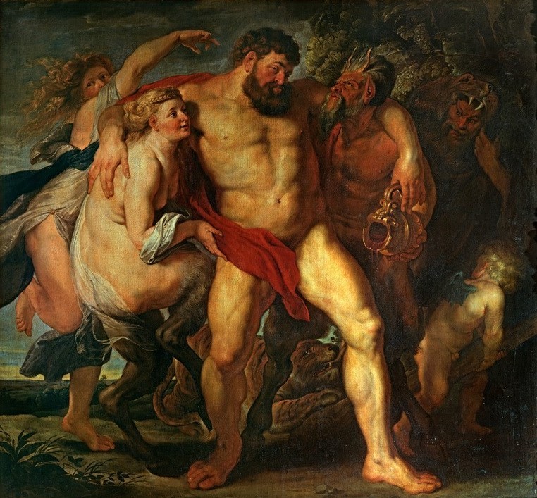 Peter Paul Rubens, Der trunkene Herkules, von einer Nymphe und einem Satyrn geführt (Alkohol,Essen Und Trinken,Flämische Kunst,Laster,Mythologie,Nymphe,Barock,Alkoholismus,Betrunken,Satyr,Niederländische Kunst,Griechisch-Römische Mythologie)
