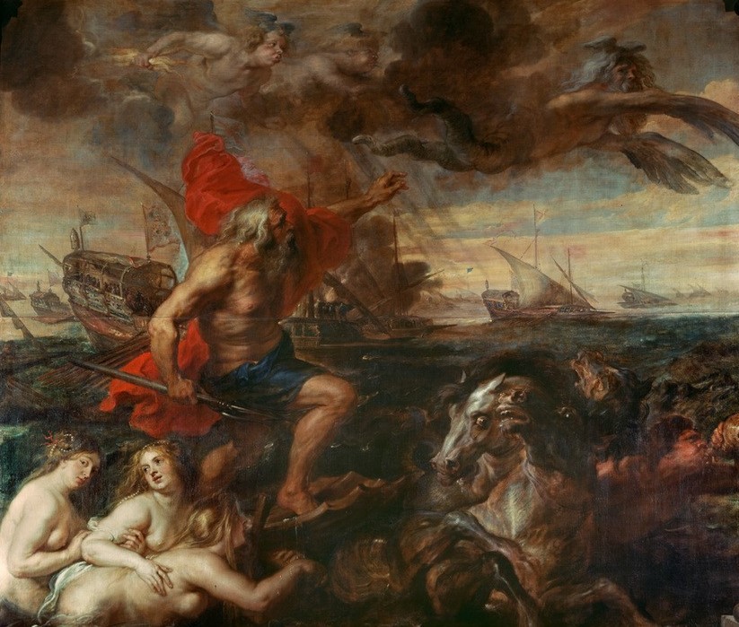 Peter Paul Rubens, Quos ego! – Neptun, die Wogen be– schwichtigend (Flämische Kunst,Geschichte,Mythologie,Barock,Allegorie,Fabelwesen,Niederländische Kunst,Hippokamp,Griechisch-Römische Mythologie,Sturm,Schifffahrt)