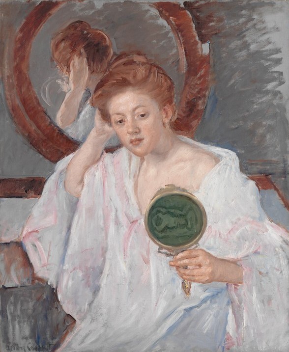 Mary Cassatt, Denise an ihrem Frisiertisch (Frau,Spiegel,Toilette (Körperpflege),Portrait,Handspiegel,Toilettentisch)