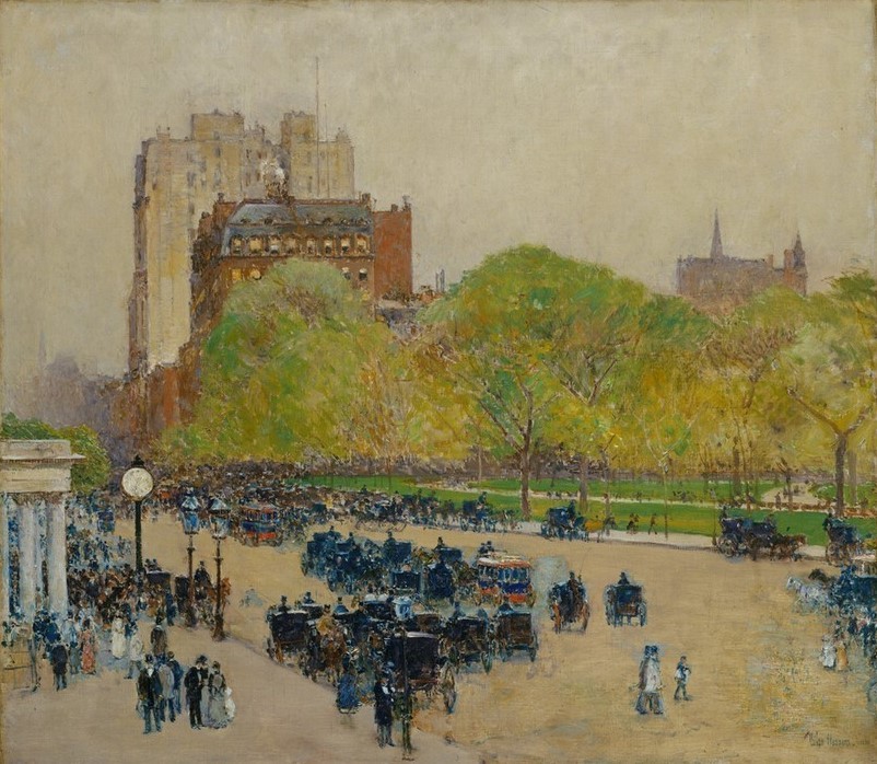 Frederick Childe Hassam, Frühlingsmorgen im Herzen der Stadt (Kutsche,Park,Stadt,Strassenszene,Frühling,Baum)