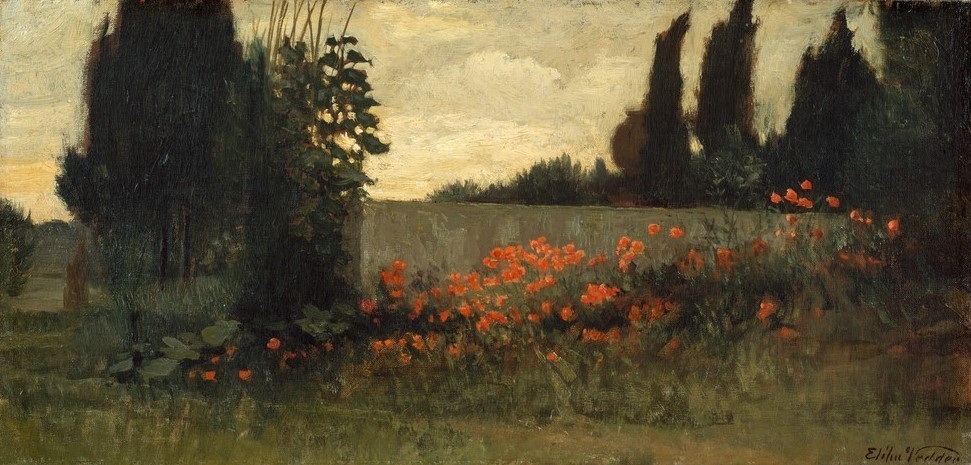 Elihu Vedder, Zypresse und Mohnblumen  (Natur, Landschaft, Landschaftsmalerei, mediterran, Mohn, Bäume, Wunschgröße, Klassische Moderne, Wohnzimmer)