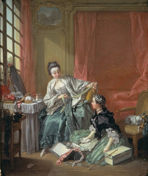 Francois Boucher, Die Modistin (Beruf, Damenmode, Frauen, Eleganz, Kleider, Katze, Kopfschmuck,  Schminktisch, Boudoir, Ankleidezimmer, Rokoko, Klassiker, Wunschgröße, Wohnzimmer,  Malerei, bunt)