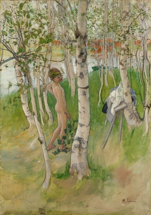 Carl Larsson, Ulf. Nude Boy among Birches (Gewässer,Jugendstil,Kind,Kunst,Landschaft,Wald,Akt,Birke,Baum,Schwedische Kunst,Nacktheit,Knabe,Kleidung (Allgemein),Sohn,Kind Berühmter Persönlichkeiten,Sohn Von Berühmten,Skandinavische Kunst)