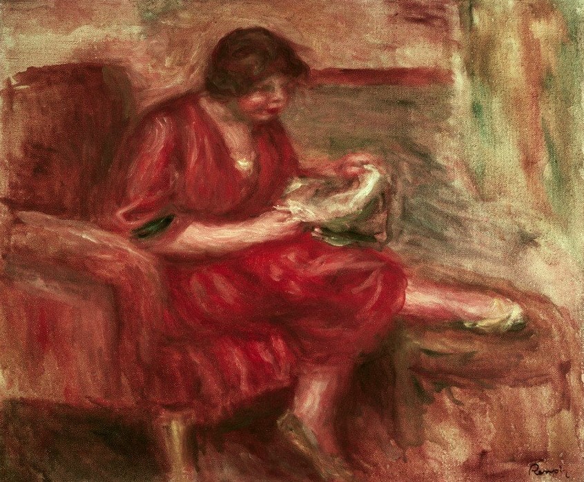 Pierre-Auguste Renoir, Symphonie en rouge (Frau,Kunst,Mensch,Impressionismus,Französische Kunst,Sessel,Sitzen,Brustbild,Signatur)