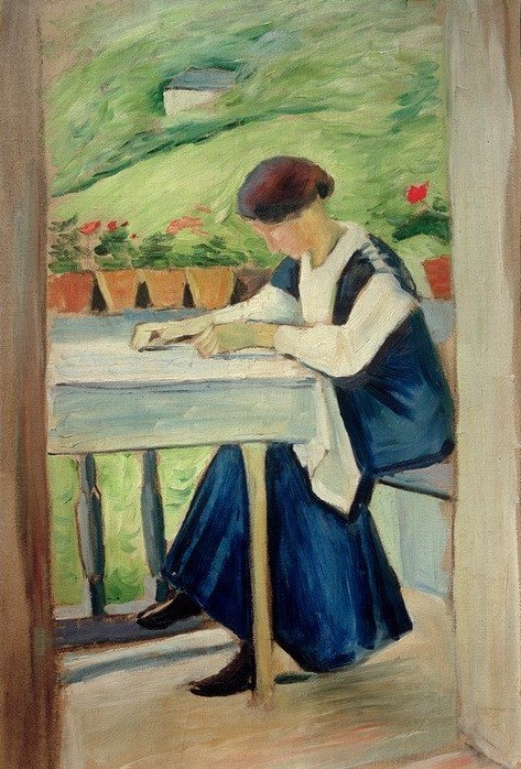 August Macke, Mädchen auf dem Balkon II (im blauen Kleid) (Balkon,Frau,Kunst,Mensch,Freizeit,Portrait,Expressionismus,Lesen (Allgemein),Der Blaue Reiter,Frauenleben,Leserin,Sitzen,Junge Frau)