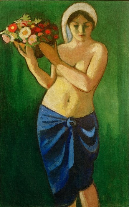 August Macke, Frau, eine Blumenschale tragend (Deutsche Kunst,Frau,Kunst,Akt,Expressionismus,Der Blaue Reiter,Blumenschale)