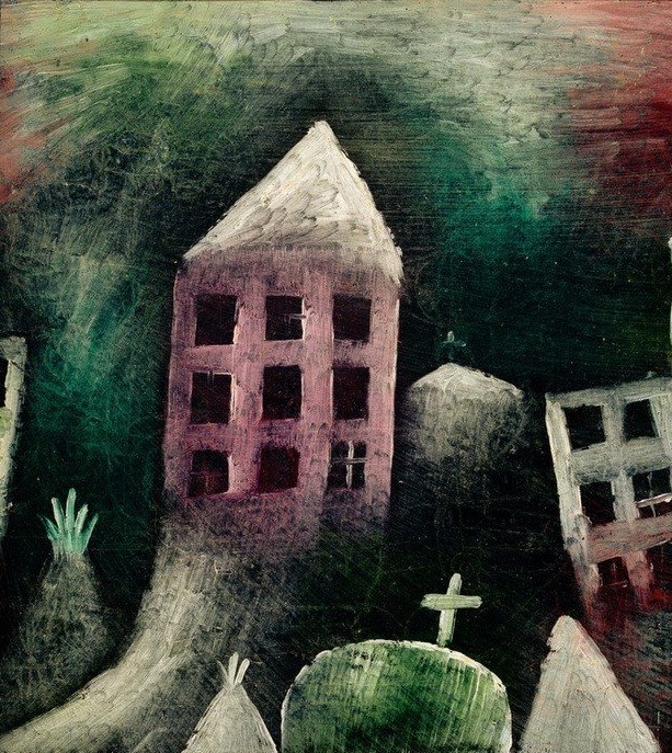 Paul Klee, Zerstörter Ort (Deutsche Kunst,Friedhof,Haus,Kreuz,Kunst,Tod,Zerstörung,Nacht,Trauer,Expressionismus,Der Blaue Reiter,Grabkreuz,Schweizerische Kunst,Grabstein,Schwarz,Menschenleere,Verfall,Verlassenheit,Erster Weltkrieg,Dunkelheit,Stille)