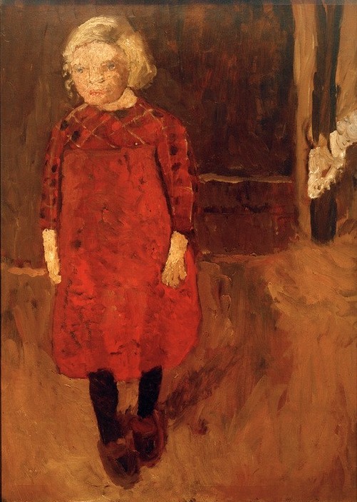 Paula Modersohn-Becker, Stehendes Mädchen vor einem Ziegenstall (Deutsche Kunst,Dorfkind,Kind,Kunst,Mädchen,Ziege,Frauenkunst,Portrait,Stall,Kind Und Tier,Worpsweder Künstlerkolonie,Jahrhundertwende,Ganzfigurig,Mensch Und Tier)