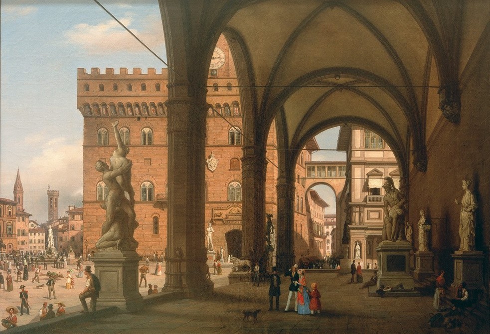 Carlo Canella, Ansicht der Piazza del Granduca von der Loggia dei Lanzi aus gesehen  (Florenz, Piazza della Signoria, Gebäude, Architektur, Palazzo Vecchio, Arkaden, Bogengang, Städte, historisch, Wunschgröße, Klassiker, Wohnzimmer,)