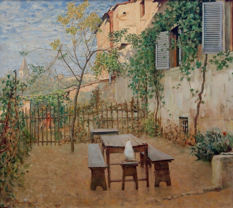 Telemaco Signorini, Septembermorgen in Settignano  (Garten, Gartenmöbel, Italienische Architektur, Toskana, Spätsommer, Idylle, Italien, Realismus, Malerei, Wunschgröße, Wohnzimmer)