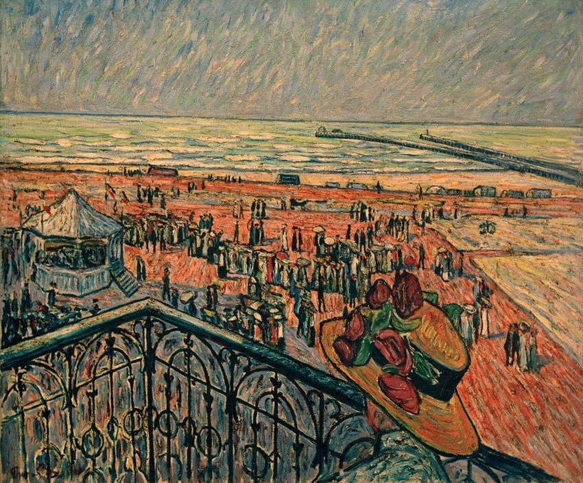 Theo von Brockhusen, Strand von Knocke (Balkon,Damenhut,Deutsche Kunst,Frau,Küste,Landschaft,Pavillon,Seebad,Strand,Terrasse,Seebrücke,Meer,Impressionismus,Hut,Strohhut,Reise,Sonnenhut,Jahrhundertwende,Promenade,Aussicht,Geländer,Pier,Wellenbrecher)