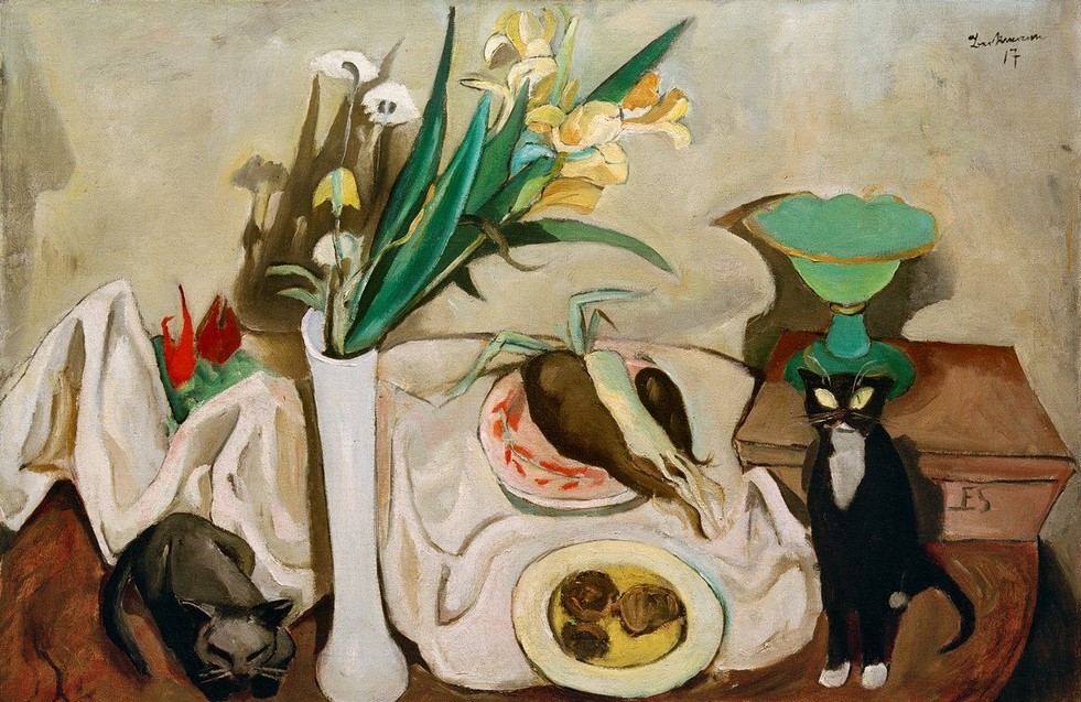 Max Beckmann, Stilleben mit Katzen (Stilleben, Expressionismus, Klassische Moderne, Malerei, Wohnzimmer, Esszimmer, Treppenhaus, Wunschgröße, bunt)