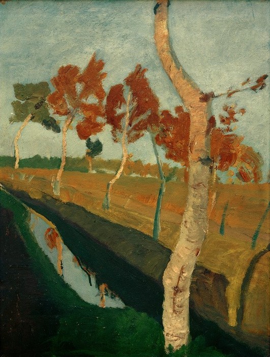 Paula Modersohn-Becker, Birken am Moorgraben (Botanik,Deutsche Kunst,Herbst,Kunst,Landschaft,Frauenkunst,Birke,Baum,Moor,Feld,Dämmerung,Worpsweder Künstlerkolonie,Jahrhundertwende,Baumstamm)