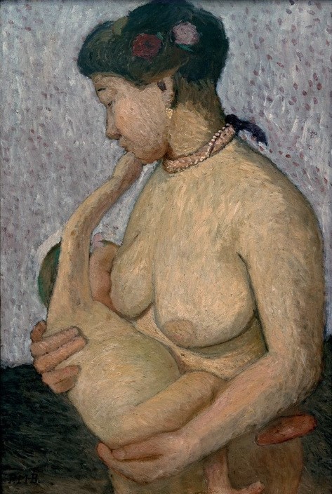 Paula Modersohn-Becker, Mutter mit Kind an der Brust, Halbakt (Baby,Deutsche Kunst,Familie,Kind,Mensch,Mutter Und Kind,Stillen,Akt,Frauenkunst,Mutter,Mutterliebe,Nacktheit,Haarschmuck,Mutter Und Säugling,Worpsweder Künstlerkolonie,Jahrhundertwende,Halbfigur,Blume Im Haar)