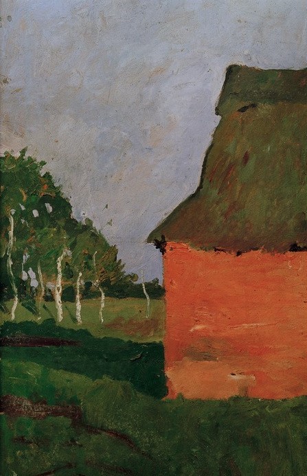 Paula Modersohn-Becker, Rotes Haus (Architektur,Bauernhaus,Deutsche Kunst,Dorf,Haus,Kunst,Landschaft,Wohnhaus (Allgemein),Frauenkunst,Birke,Baum,Wiese,Ziegelstein,Architekturdarstellung,Worpsweder Künstlerkolonie,Jahrhundertwende,Rot,Reetdach)
