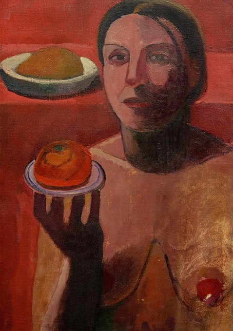Paula Modersohn-Becker, Halbakt einer Italienerin mit Teller in der erhobenen Hand (Apfel,Deutsche Kunst,Frau,Kunst,Obst,Akt,Busen,Frauenkunst,Verführung,Versuchung,Teller,Fruchtbarkeit,Nacktheit,Halbakt,Betrachten,Worpsweder Künstlerkolonie,Jahrhundertwende,Rot,Brustbild,Apfelsine,Verführerisch,Brustwarze,Symbolik)