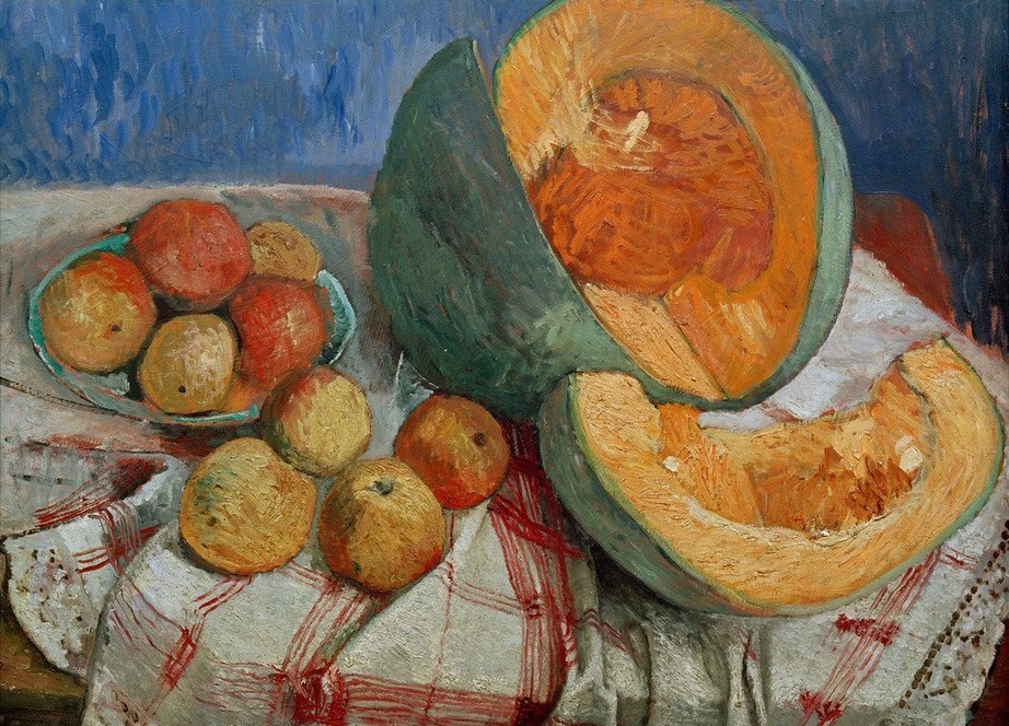 Paula Modersohn-Becker, Stillleben mit Kürbis (Apfel,Deutsche Kunst,Gemüse,Herbst,Kunst,Obst,Nahrungsmittel,Frauenkunst,Stillleben,Tischtuch,Kürbis,Teller,Worpsweder Künstlerkolonie,Jahrhundertwende)