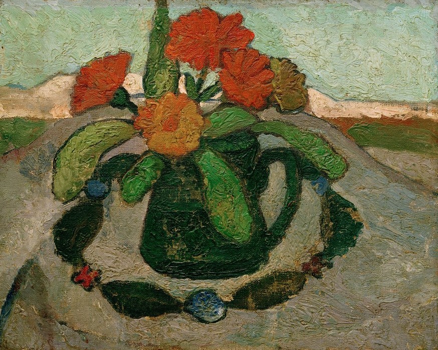 Paula Modersohn-Becker, Stillleben mit Ringelrosen vor Landschaft (Botanik,Deutsche Kunst,Kunst,Frauenkunst,Stillleben,Heilpflanze,Tischtuch,Blumenstrauss,Vase,Ringelblume,Blume,Worpsweder Künstlerkolonie,Jahrhundertwende,Kranz,Calendula,Krug)