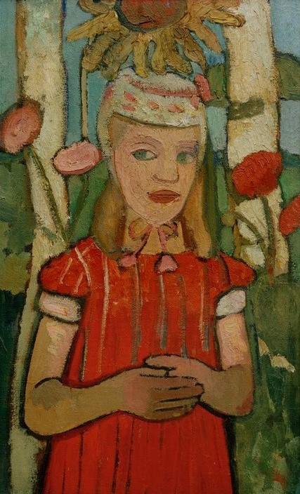 Paula Modersohn-Becker, Mädchen in rotem Kleid vor Sonnenblume (Botanik,Deutsche Kunst,Dorfkind,Kindermode,Kind,Kopfbedeckung,Kunst,Mädchen,Menschen Im Park,Mensch,Mode,Sonnenblume,Hut,Frauenkunst,Portrait,Kleid,Menschen Im Garten,Kinderleben,Blume,Worpsweder Künstlerkolonie,Jahrhundertwende,Rot,Halbfigur,Land Und Leu)