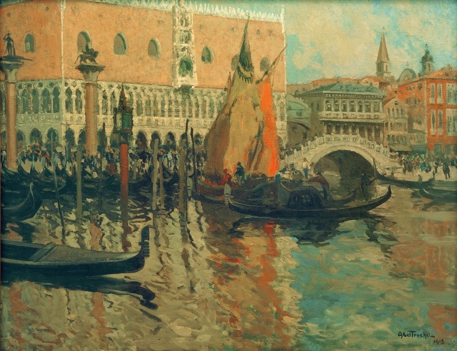 Louis Abel-Truchet, Blick auf Venedig (Architektur,Boot,Brücke,Gefängnis,Geographie,Gewässer,Kunst,Landschaft,Palast,Schiff,Stadt,Teilansicht,Gondel,Impressionismus,Vedute,Lagune,Stadtansicht,Architekturdarstellung,Französische Kunst,Ansicht,Aussenansicht,Staatsgefängnis,Topographie,Palazzo,Si)
