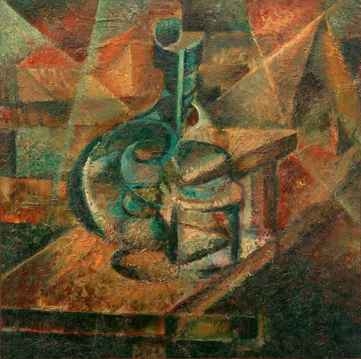 Umberto Boccioni, Stillleben mit Flasche (Stillleben, Tisch, Flasche, Glas, Klassische Moderne, Futurismus, Wunschgröße, Wohnzimmer, Esszimmer)