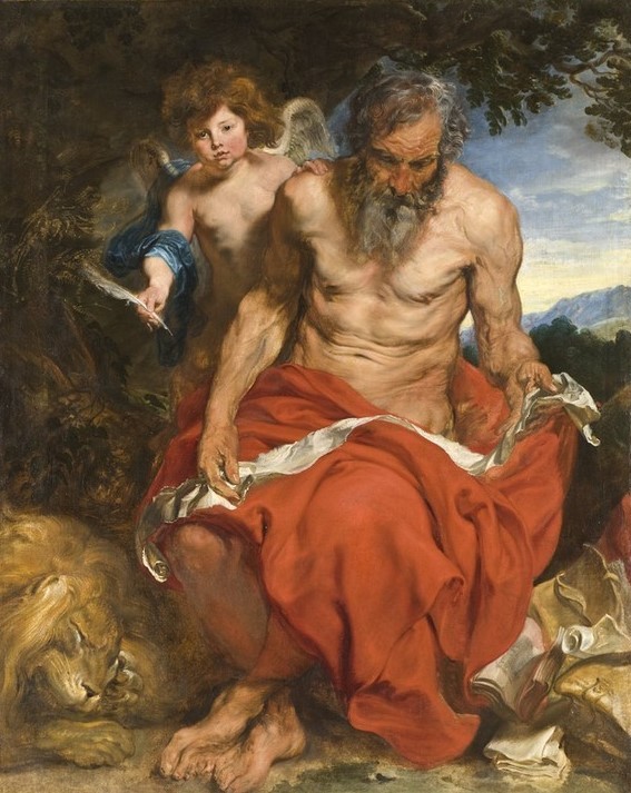 Anthonis van Dyck, Heiliger Hieronymus (Kirchenvater, Eremit, Heiliger, Löwe, Schreibfeder, Engel, Putto, Halbakt, alter Mann, Persönlichkeiten, Religion,  Barock, Klassiker, Wunschgröße, Wohnzimmer)