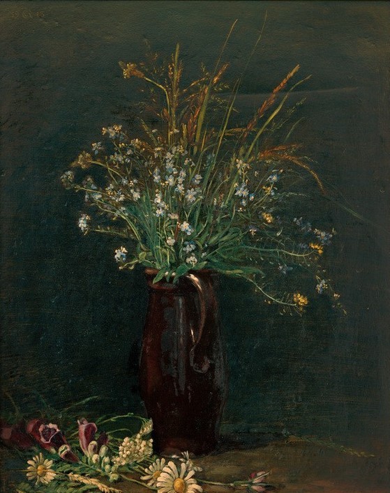 Gustav Crecelius, Vergissmeinnicht-Stillleben (Botanik,Deutsche Kunst,Kunst,Stillleben,Blumenstrauss,Vergissmeinnicht,Vase,Feldblume,Margerite,Blume,Blüte,Myosotis,Krug)