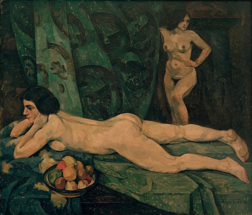Leopold Durm, Interieur mit weiblichen Aktfiguren (Deutsche Kunst,Frau,Früchte,Kunst,Mensch,Obst,Nahrungsmittel,Akt,Interieur,Obstschale,Vorhang,Nacktheit,Innenansicht,Junge Frau,Liegen,Ganzfigurig,Körperhaltung,Hände In Die Hüfte Stemmen,Decke (Textil))
