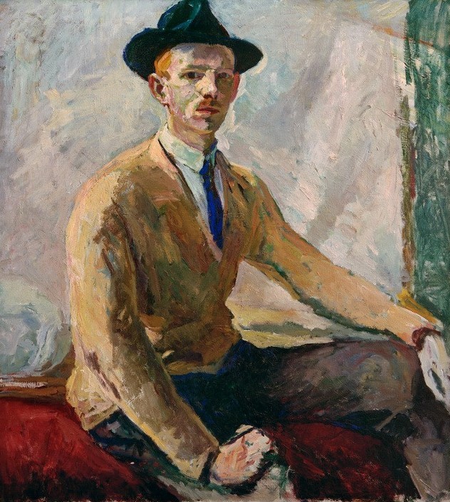 Hans Fuglsang, Hans Fuglsang (Deutsche Kunst,Grafiker,Herrenhut,Herrenmode,Kopfbedeckung,Künstler,Kunst,Maler (Künstler),Mann,Mode,Zeichner,Krawatte,Bart,Hut,Selbstbildnis,Schnurrbart,Portrait,Expressionismus,Kleidung (Allgemein),Jungverstorbene,Sitzen,Blick Aus Dem Bild,Kniestück,Hal)