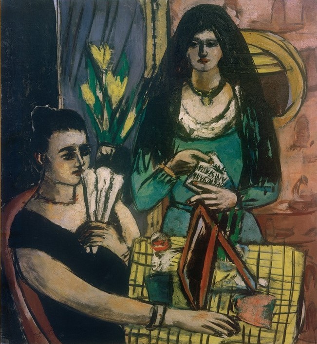 Max Beckmann, Mädchen in Schwarz auf Grün (Frauen, Mädchen, Menschen, Interieur, Tisch, Fächer, Expressionismus, Klassische Moderne, Malerei, Wohnzimmer, Treppenhaus, Wunschgröße, bunt)