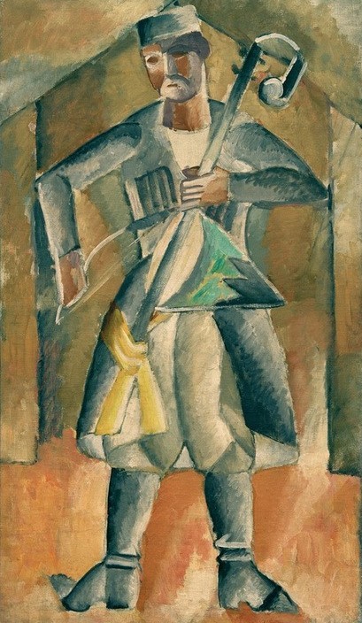 Michail Wassiljewitsch le Dantju, Sazander (Kunst,Mann,Mensch,Musik,Saiteninstrument,Volksmusik,Volkskunde,Instrument,Kubismus,Portrait,Bogen (Streichinstrument),Russische Kunst,Musikant,Ganzfigurig,Kamancheh,Land Und Leute,Streichinstrument,Neoprimitivismus)