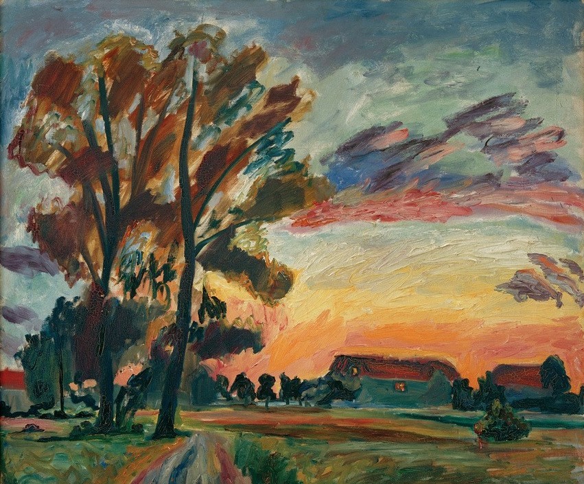 Götz von Seckendorff, Große Landschaft von Schwedt (Bauernhaus,Deutsche Kunst,Haus,Himmel (Natur),Kunst,Landschaft,Sonnenuntergang,Tageszeiten,Abend,Baum,Expressionismus,Dämmerung,Abendrot)