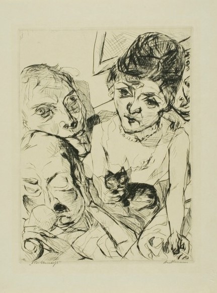 Max Beckmann, Evening, plate ten from Gesichter (Klassische Moderne, Kreidezeichnung, Gesichter-  Zyklus, Expressionismus, Menschen, kantig, kubistisch, schonungslos, Wunschgröße, Wohnzimmer, schwarz/weiß)