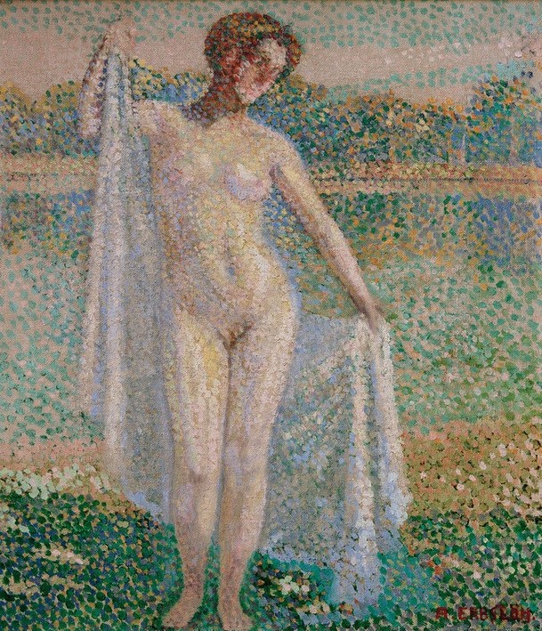 Adolf Erbslöh, Weiblicher Akt, 1908 (Landschat, Frau, Schleier, transparenz, Aktmalerei, naclte Frau,  Pointilismus, Malerei, Wunschgröße, Wohnzimmer, Klassische Moderne,)