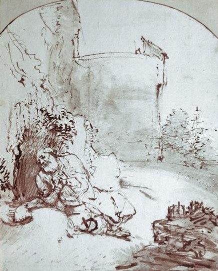 Rembrandt Harmenszoon van Rijn, Jonas an den Mauern von Ninive (Religion,Barock,Altes Testament,Schatten,Bibel,Prophet,Assyrisch,Niederländische Kunst,Strauch,Alter Orient,Wall,Christpalme,Jüdisch-Christlich,Befestigung)