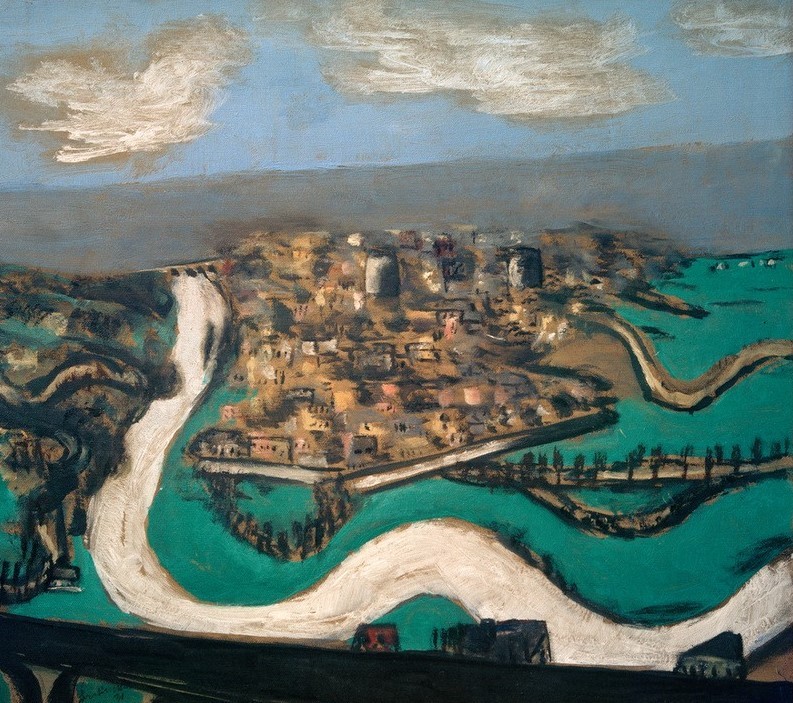 Max Beckmann, Landschaft bei Saint-Germain (Landschaft, Vogelpespektive, Dorf, Fluss, Frankreich, Expressionismus, Klassische Moderne, Malerei, Wohnzimmer, Treppenhaus, Wunschgröße, bunt)
