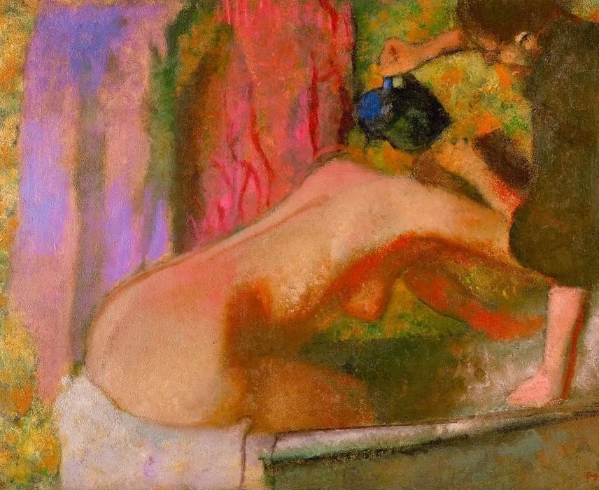 Edgar Degas, Frau im Bad (Körperpflege,Bad,Frau,Impressionismus,Rückenakt,Französische Kunst,Nacktheit,Dienstmädchen,Haare Waschen,Badewanne)