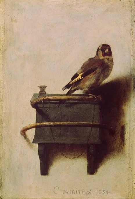 Carel Fabritius, Der Goldfink (Der Distelfink, Der Stieglitz) (Fink,Kunst,Vogel,Zoologie,Barock,Trompe L'oeil,Rembrandtschule,Niederländische Kunst,Gefangenschaft,Stieglitz,Fesselung,Goldfink,Kette (Fessel),Distelfink)