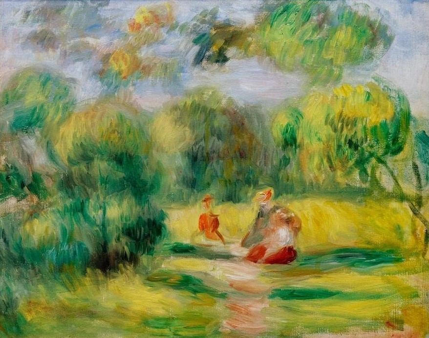 Pierre-Auguste Renoir, Personnages dans un paysage (Ausflug,Kunst,Landschaft,Rast,Impressionismus,Wiese,Französische Kunst,Im Freien (Allgemein),Sonnenlicht,Jahrhundertwende)