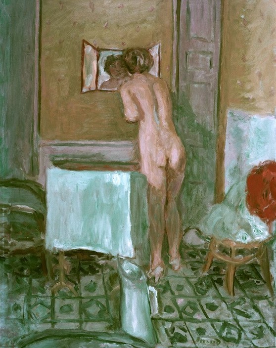 Pierre Bonnard, Nu a l’etoffe rouge ou Nu a la toilette (Körperpflege,Frau,Kunst,Spiegel,Toilette (Körperpflege),Impressionismus,Akt,Rückenakt,Französische Kunst,Badezimmer,Nabis)