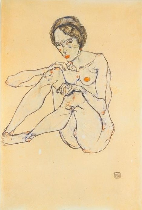 Egon Schiele, Weiblicher Akt (hockende Frau, nackt, Aktmalerei, Klassische Moderne, Expressionismus, Wohnzimmer, Wunschgröße, gelb)