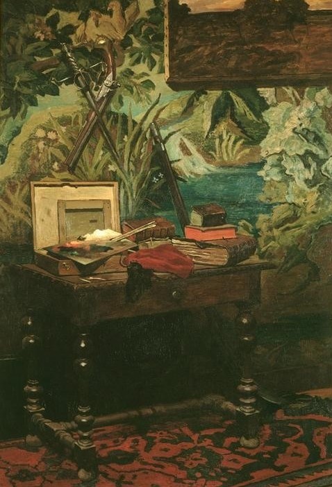 Claude Monet, Un coin d’atelier (Atelier,Buch,Degen,Maler (Künstler),Möbel,Schreibtisch,Waffe,Zimmermann,Impressionismus,Pistole,Stillleben,Interieur,Französische Kunst,Tischler,Arbeitstisch,Wandverkleidung,Malkasten,Gewerbe)