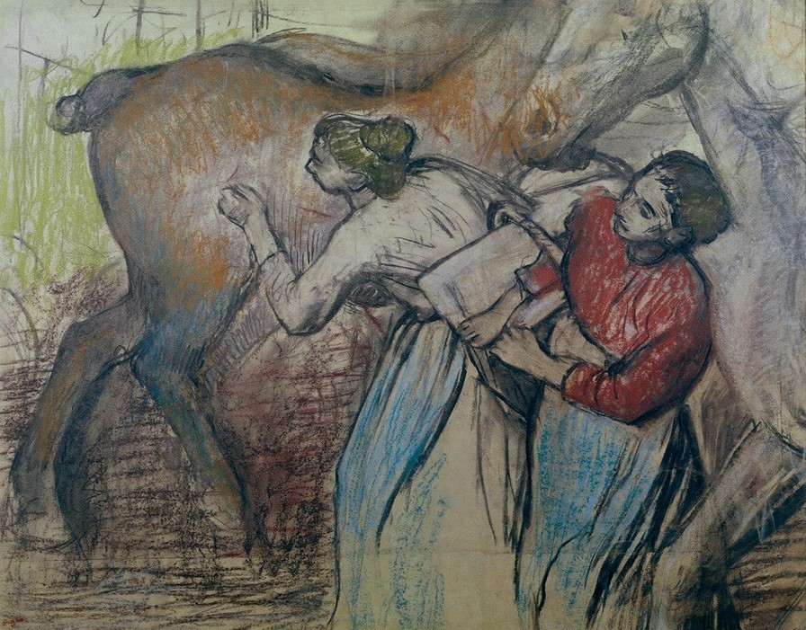 Edgar Degas, Blanchisseuses et chevaux (Arbeit,Beruf,Frau,Kunst,Mensch,Pferd (Tier),Waschfrau,Impressionismus,Stall,Französische Kunst,Jahrhundertwende,Wäscherin)