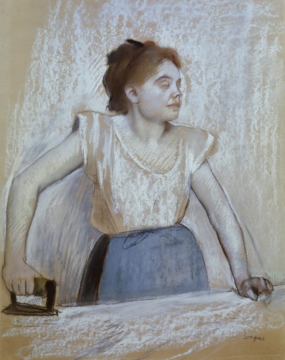 Edgar Degas, La repasseuse (Bügeleisen,Frau,Hausarbeit,Kunst,Mensch,Modell,Impressionismus,Schürze,Französische Kunst,Bügeln,Jahrhundertwende,Büglerin)